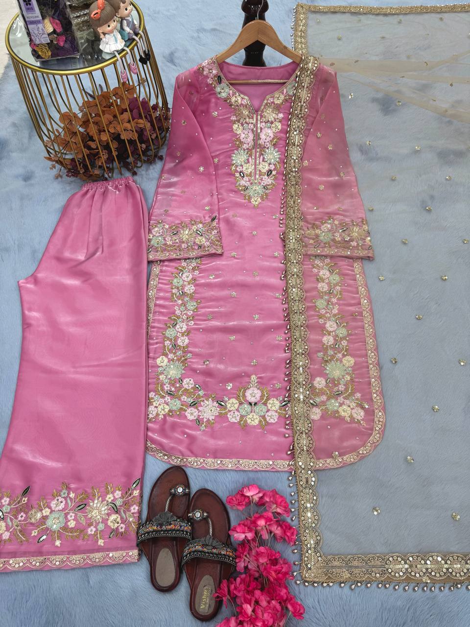 Embroidered Palazzo Suit with Net Dupatta