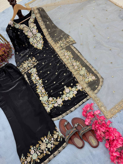 Embroidered Palazzo Suit with Net Dupatta