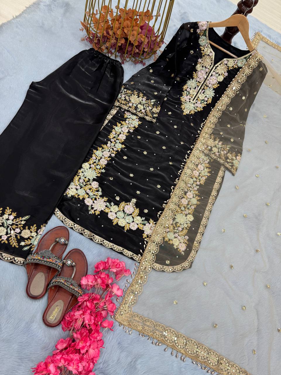 Embroidered Palazzo Suit with Net Dupatta