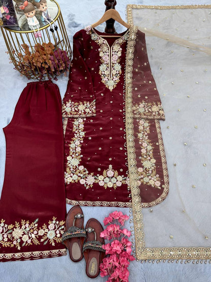 Embroidered Palazzo Suit with Net Dupatta