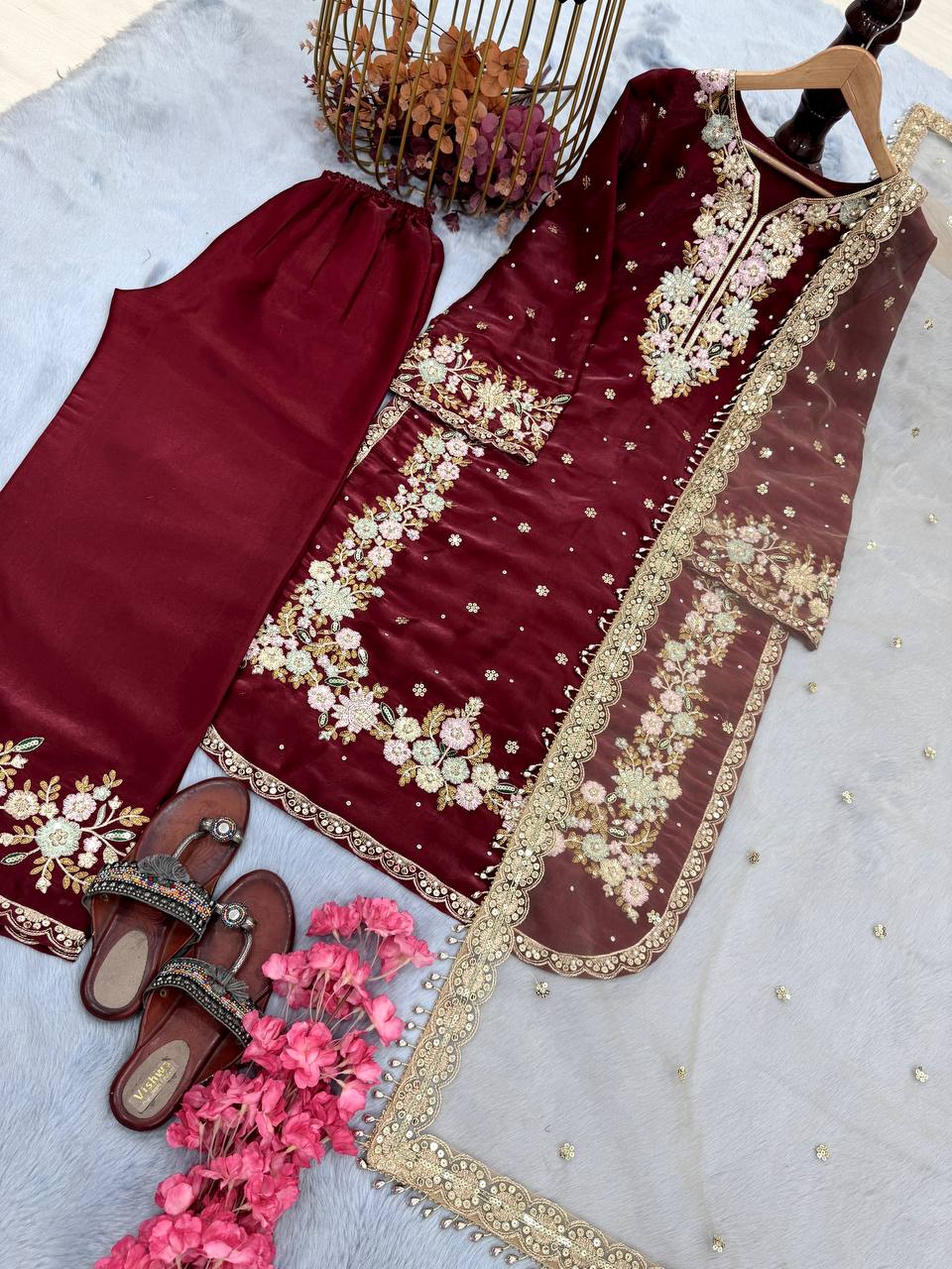 Embroidered Palazzo Suit with Net Dupatta