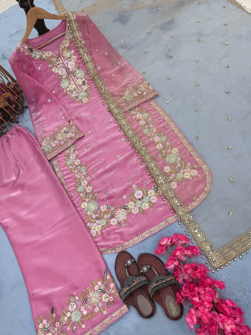 Embroidered Palazzo Suit with Net Dupatta
