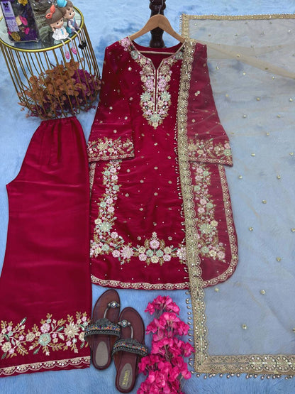 Embroidered Palazzo Suit with Net Dupatta