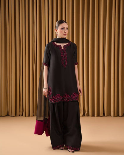 Black Embroidered Palazzo Suit with Wine Red Threadwork and Chiffon Dupatta