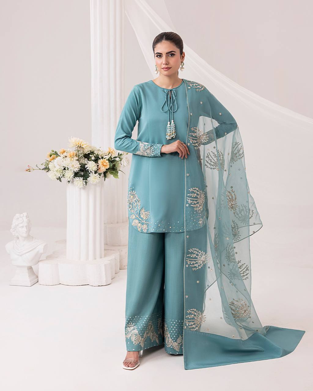 Sea Blue Hand Embroidered Front Open Long Jacket Style Palazzo Set