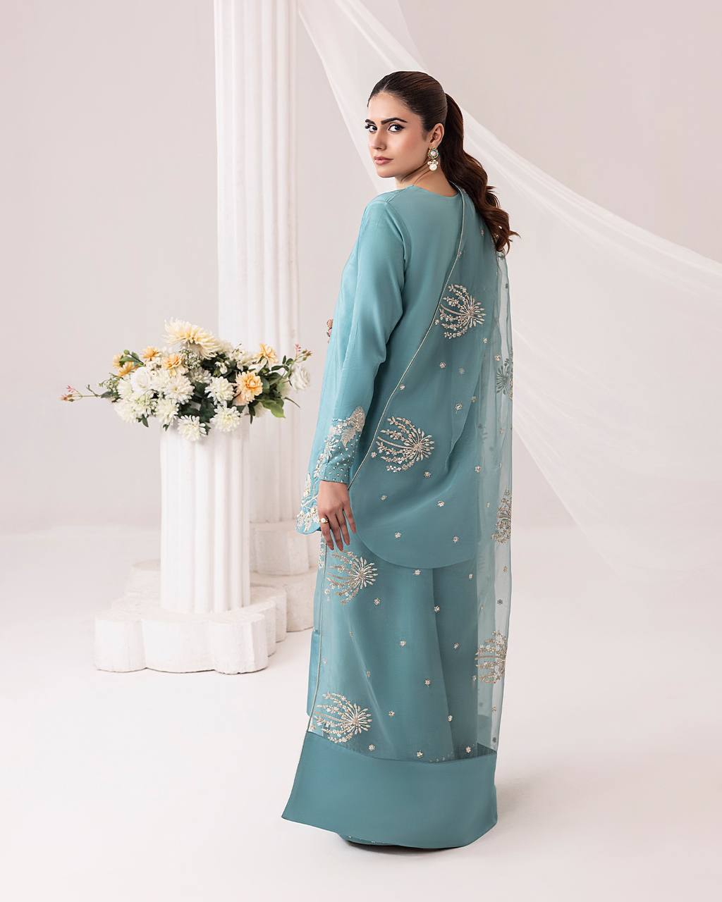 Sea Blue Hand Embroidered Front Open Long Jacket Style Palazzo Set