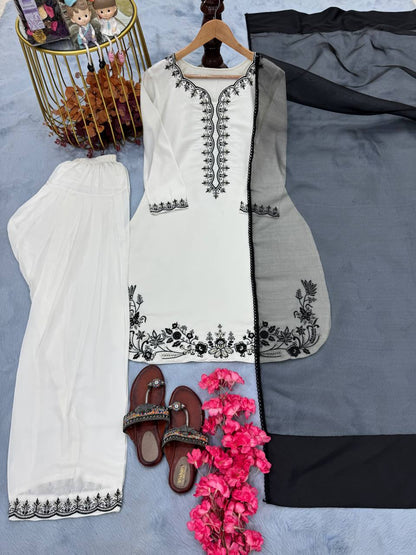 White Embroidered Palazzo Suit with Black Threadwork and Black Net Dupatta