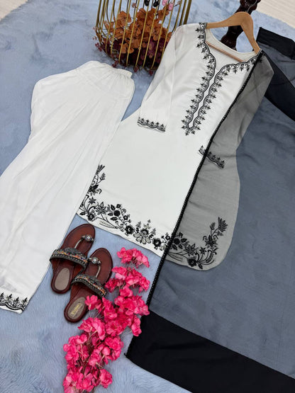 White Embroidered Palazzo Suit with Black Threadwork and Black Net Dupatta