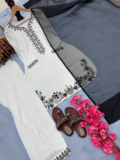 White Embroidered Palazzo Suit with Black Threadwork and Black Net Dupatta