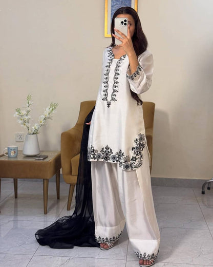 White Embroidered Palazzo Suit with Black Threadwork and Black Net Dupatta