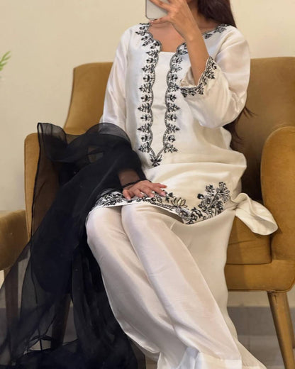 White Embroidered Palazzo Suit with Black Threadwork and Black Net Dupatta