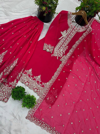 Hot Pink Embroidered Sharara Suit with Heavy Silver Zari Work and Net Dupatta