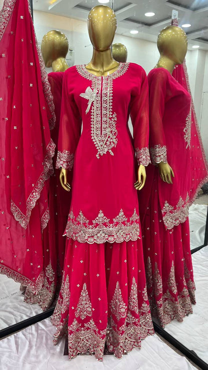 Hot Pink Embroidered Sharara Suit with Heavy Silver Zari Work and Net Dupatta