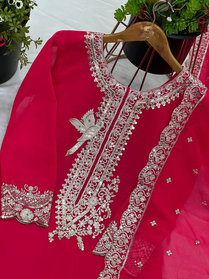 Hot Pink Embroidered Sharara Suit with Heavy Silver Zari Work and Net Dupatta