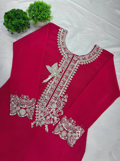 Hot Pink Embroidered Sharara Suit with Heavy Silver Zari Work and Net Dupatta