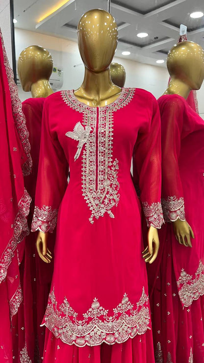 Hot Pink Embroidered Sharara Suit with Heavy Silver Zari Work and Net Dupatta