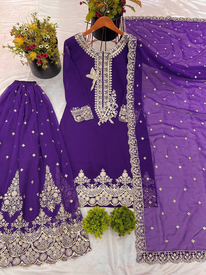 Purple Embroidered Sharara Suit with Heavy Silver Zari Work and Net Dupatta