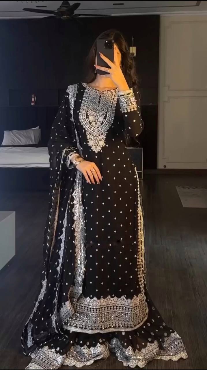 Heavy Mirror Embroidered Sharara Suit with Silver Zari Detailing