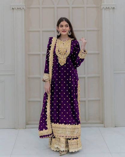 Heavy Mirror Embroidered Sharara Suit with Silver Zari Detailing