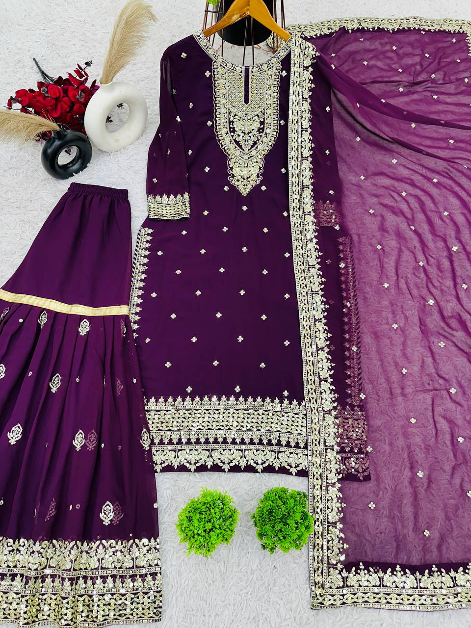 Heavy Embroidered Sharara Suit with Golden Mirror Work