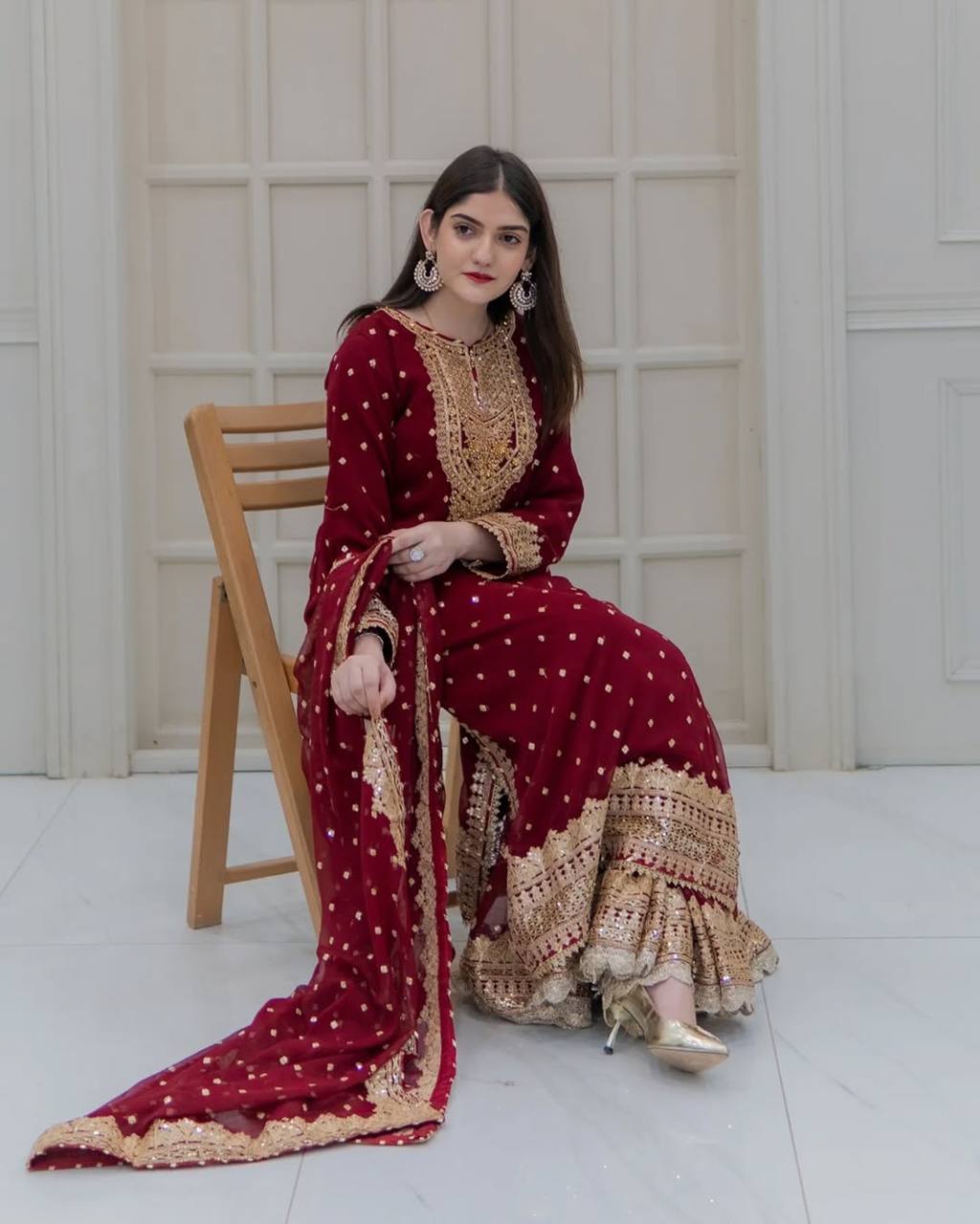 Heavy Embroidered Sharara Suit with Golden Mirror Work