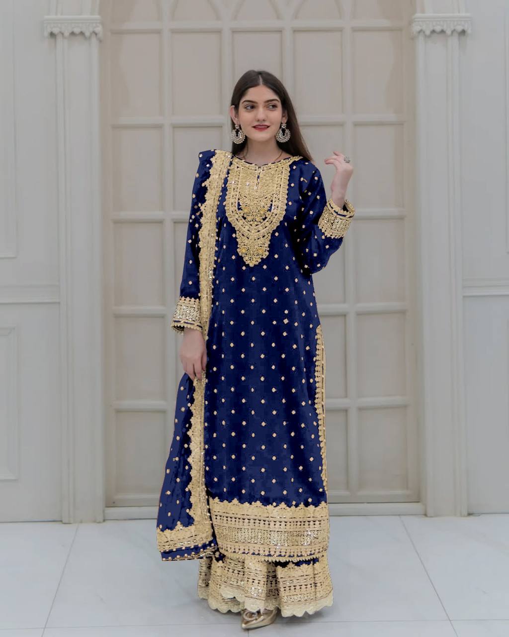 Heavy Mirror Embroidered Sharara Suit with Silver Zari Detailing