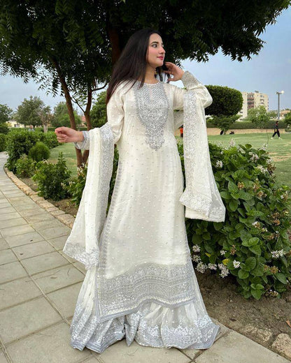 Heavy Mirror Embroidered Sharara Suit with Silver Zari Detailing