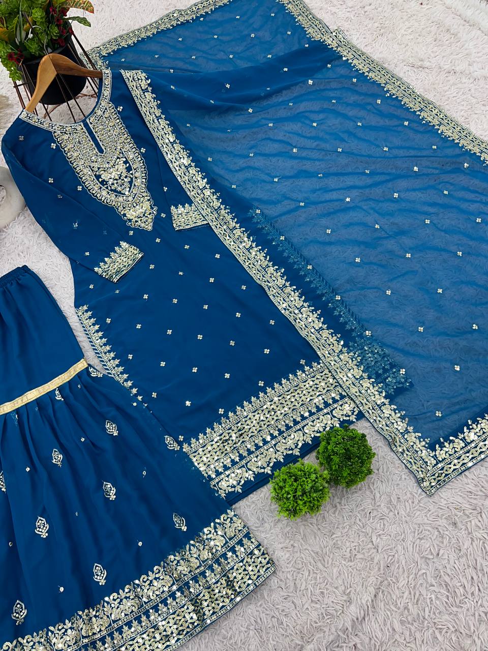 Heavy Mirror Embroidered Sharara Suit with Silver Zari Detailing