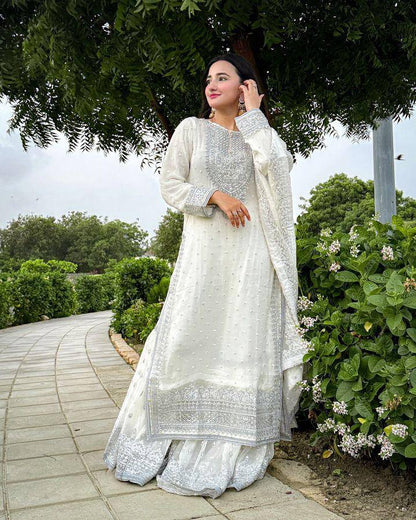 Heavy Mirror Embroidered Sharara Suit with Silver Zari Detailing