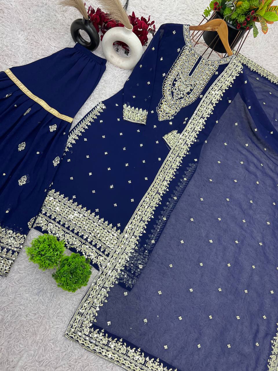 Heavy Mirror Embroidered Sharara Suit with Silver Zari Detailing