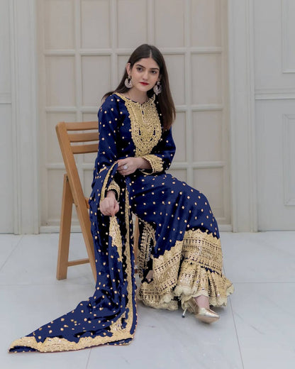 Heavy Mirror Embroidered Sharara Suit with Silver Zari Detailing