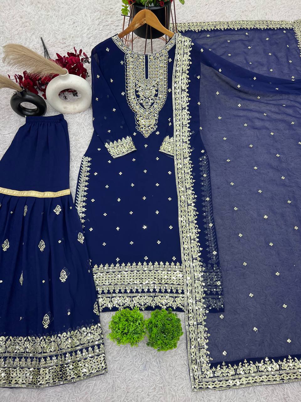 Heavy Mirror Embroidered Sharara Suit with Silver Zari Detailing