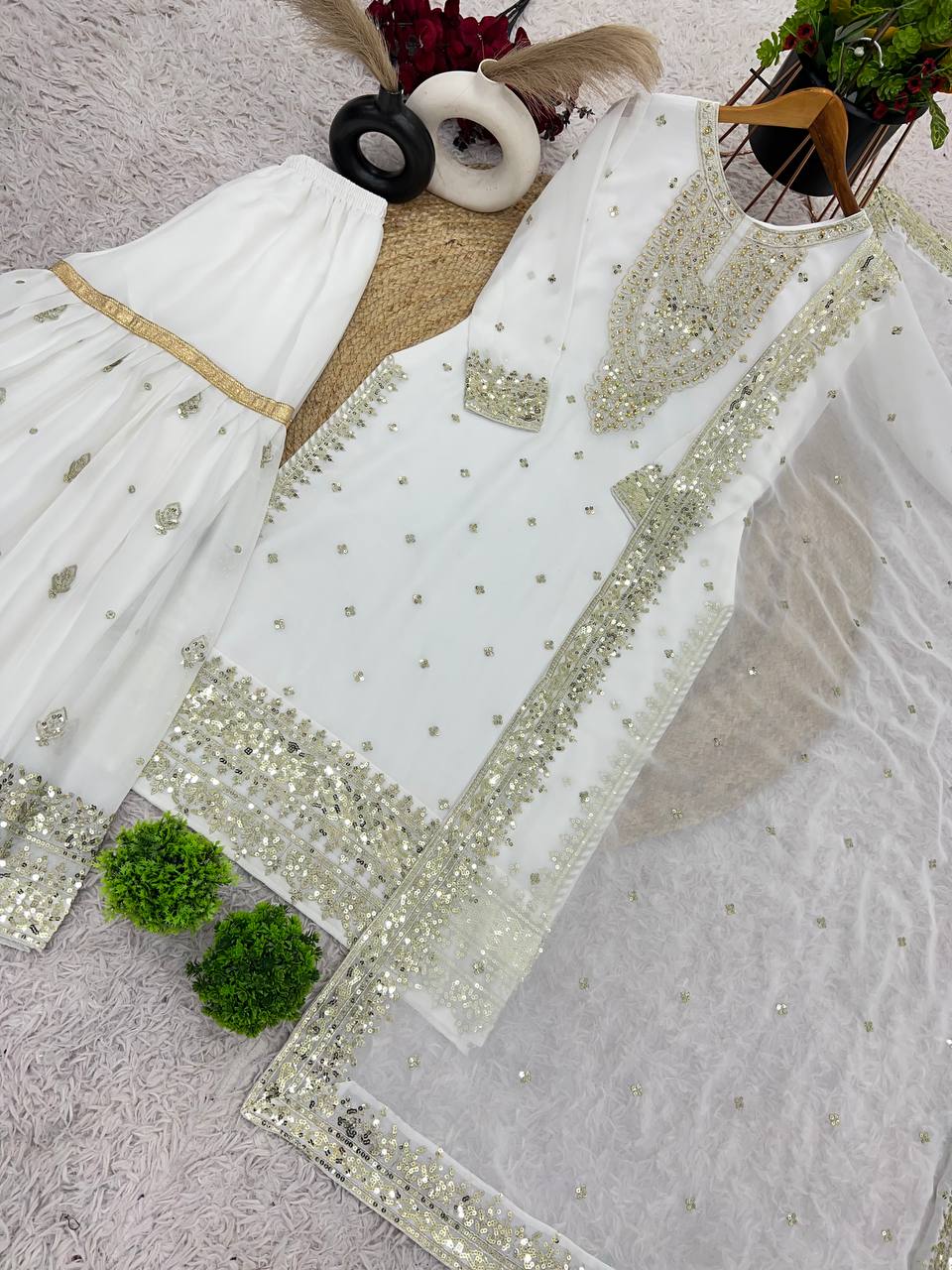 Heavy Mirror Embroidered Sharara Suit with Silver Zari Detailing