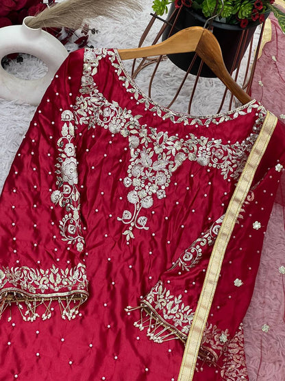 Maroon Anarkali Style Embroidered Dress with Golden Zari and Mirror Detailing