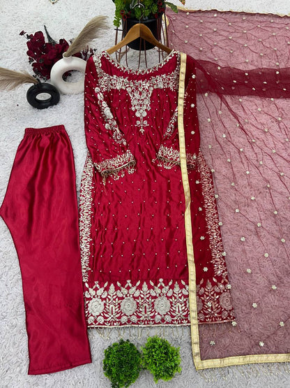 Maroon Anarkali Style Embroidered Dress with Golden Zari and Mirror Detailing