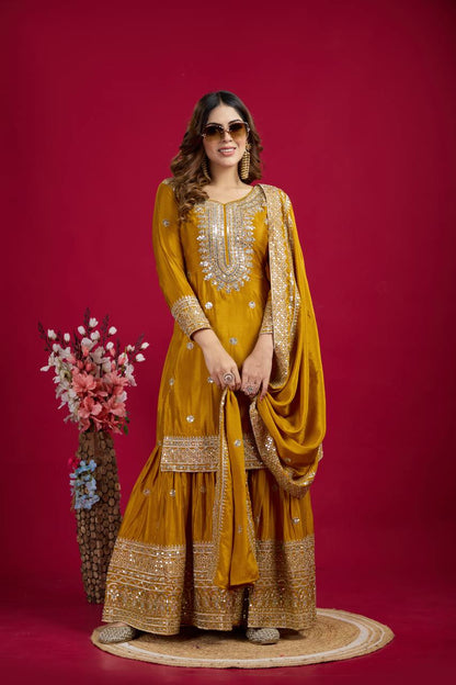 Heavy Embroidered Sharara Suit with Mirror Work and Zari Detailing