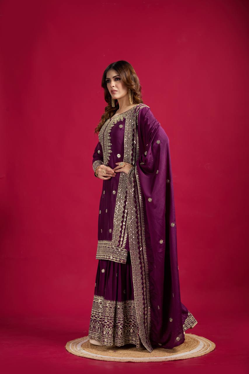 Heavy Embroidered Sharara Suit with Mirror Work and Zari Detailing