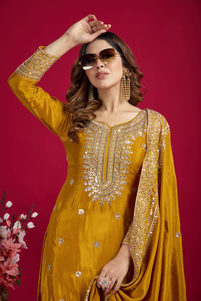 Heavy Embroidered Sharara Suit with Mirror Work and Zari Detailing