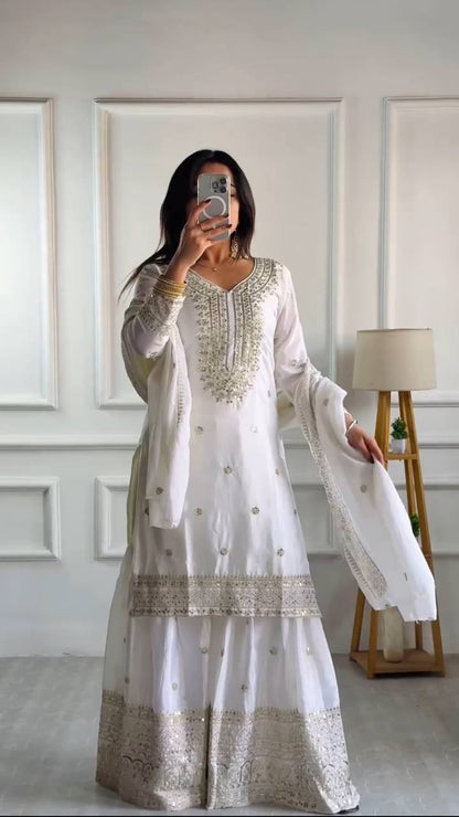 Heavy Embroidered Sharara Suit with Mirror Work and Zari Detailing