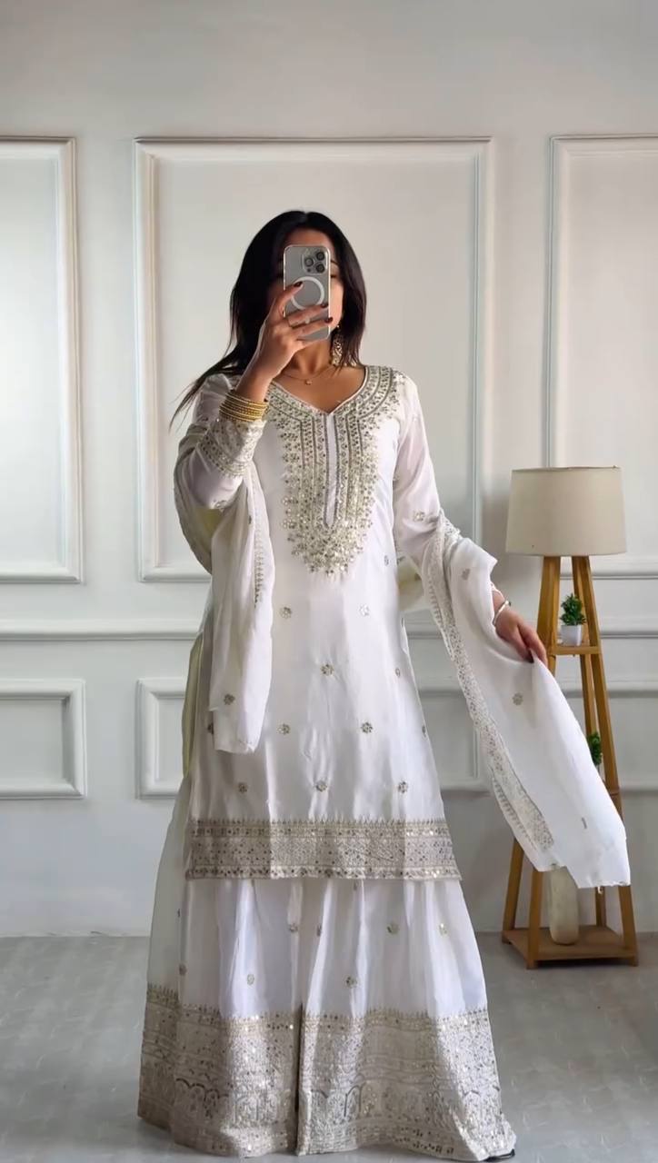 Heavy Embroidered Sharara Suit with Mirror Work and Zari Detailing