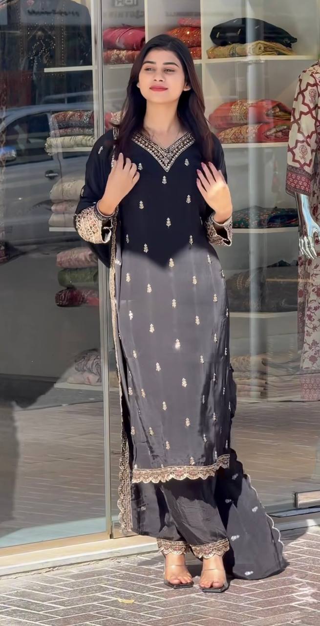 Black Straight Cut Suit with Golden Thread Embroidery and Matching Dupatta