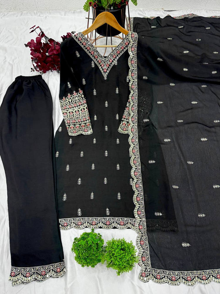 Black Straight Cut Suit with Golden Thread Embroidery and Matching Dupatta
