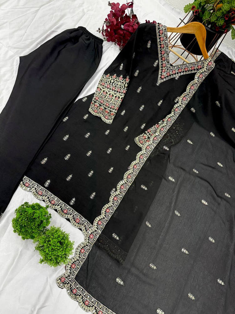 Black Straight Cut Suit with Golden Thread Embroidery and Matching Dupatta