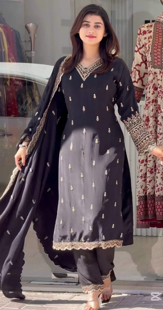 Black Straight Cut Suit with Golden Thread Embroidery and Matching Dupatta