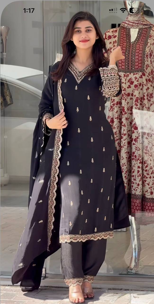 Black Straight Cut Suit with Golden Thread Embroidery and Matching Dupatta