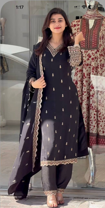 Black Straight Cut Suit with Golden Thread Embroidery and Matching Dup Drapes Dress Black Straight Cut Suit with Golden Thread Embroidery and Matching Dup Drapes Dress
