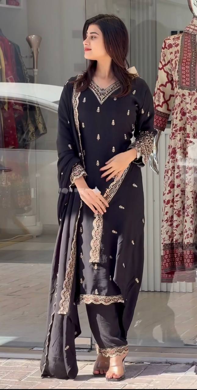 Black Straight Cut Suit with Golden Thread Embroidery and Matching Dupatta