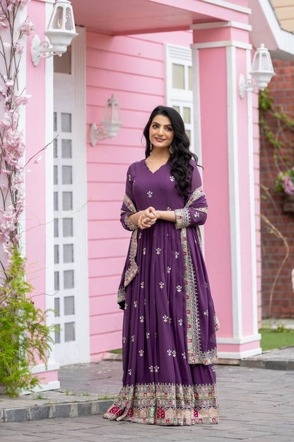 Plum Purple Flared Anarkali Gown with Multicolor Mirror Embroidered Border and Dupatta