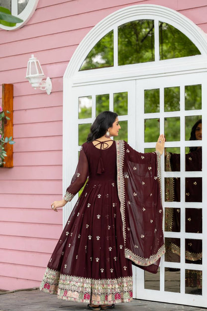 Maroon Flared Flared Anarkali Gown with Multicolor Mirror Embroidered Border and Dupatta