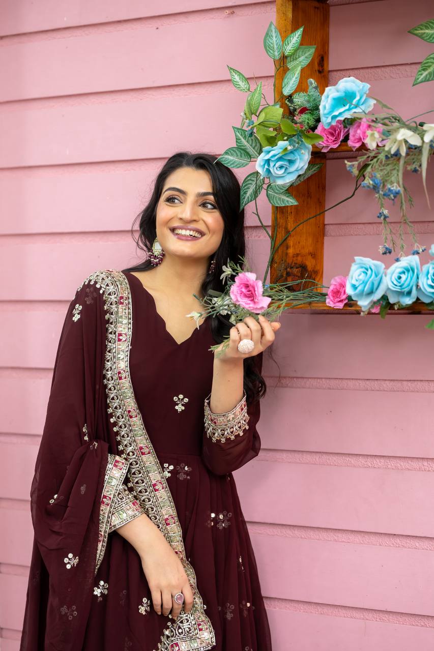 Maroon Flared Flared Anarkali Gown with Multicolor Mirror Embroidered Border and Dupatta
